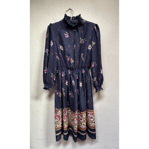 LF Petite Vintage Union Made Floral Print Mock Neck Ruffle Dress Size 6 Navy